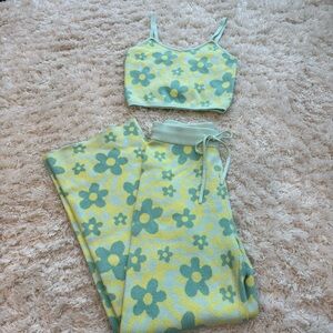 Altar’d State Lounge Set Knit Crop Top (M) and Pants (S) Floral Retro Boho